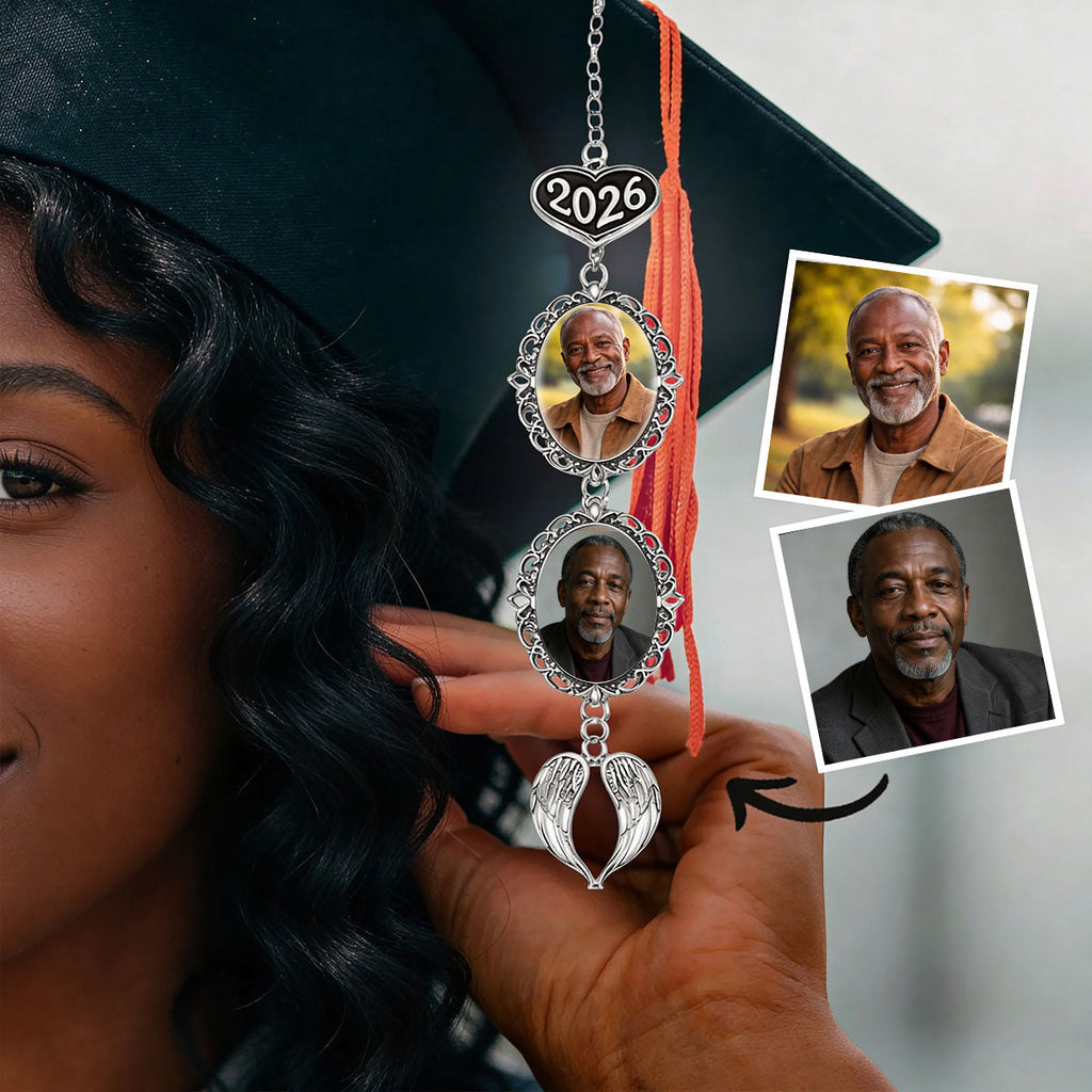 A Little Hug From Heaven - Personalized Graduation Tassel Photo Charm With Angel Wing
