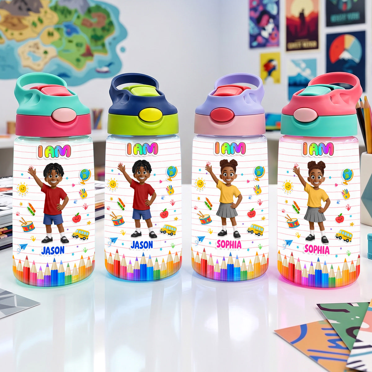Kid Affirmations I Am Kind Smart Brave  - Personalized Kid Water Bottle