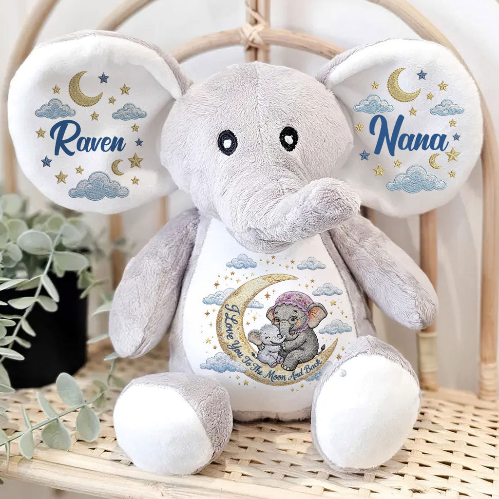 I Love You To The Moon And Back Embroidery - Personalized Stuffed Elephant
