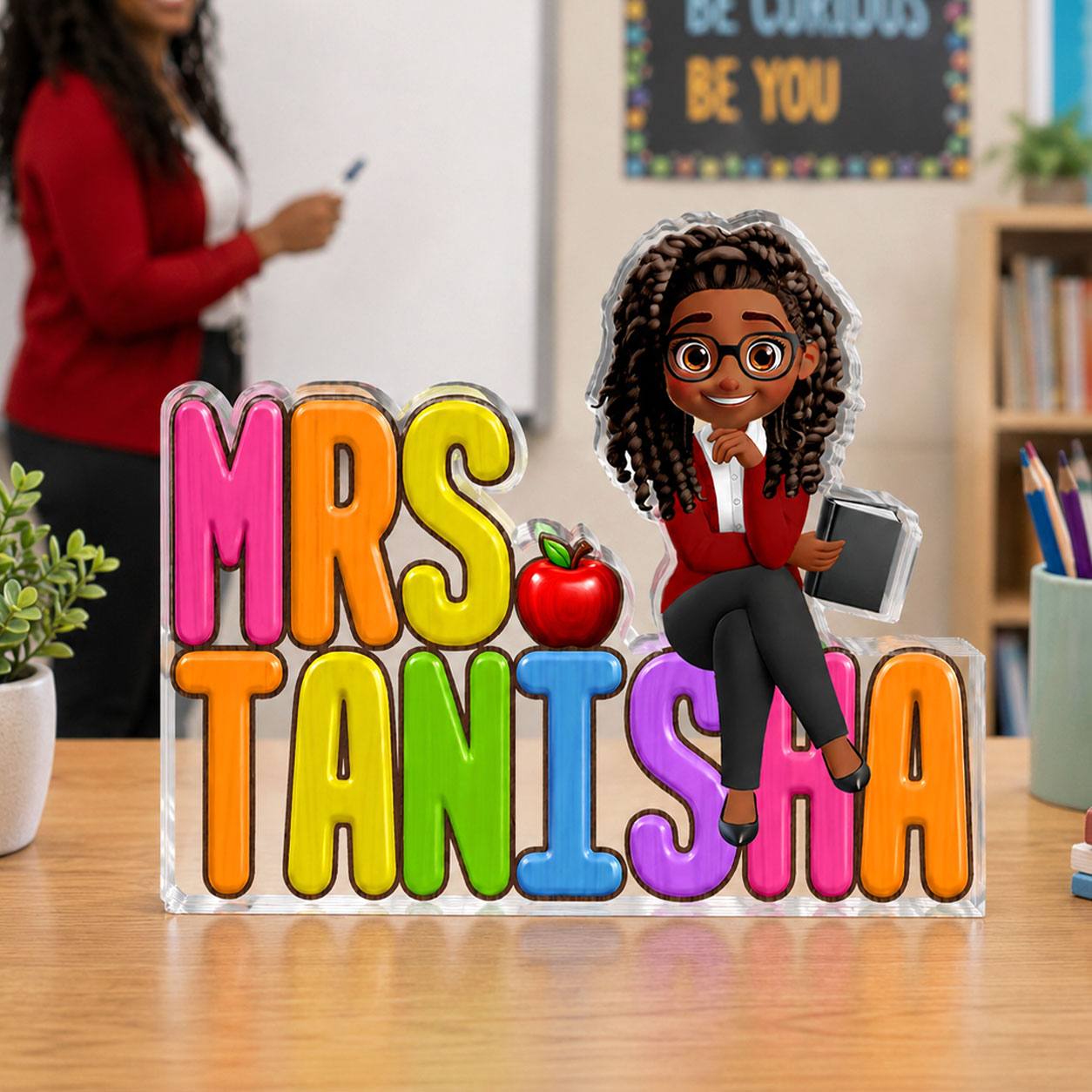 Teacher Name Desk Statue - Personalized Custom Shaped Acrylic Plaque