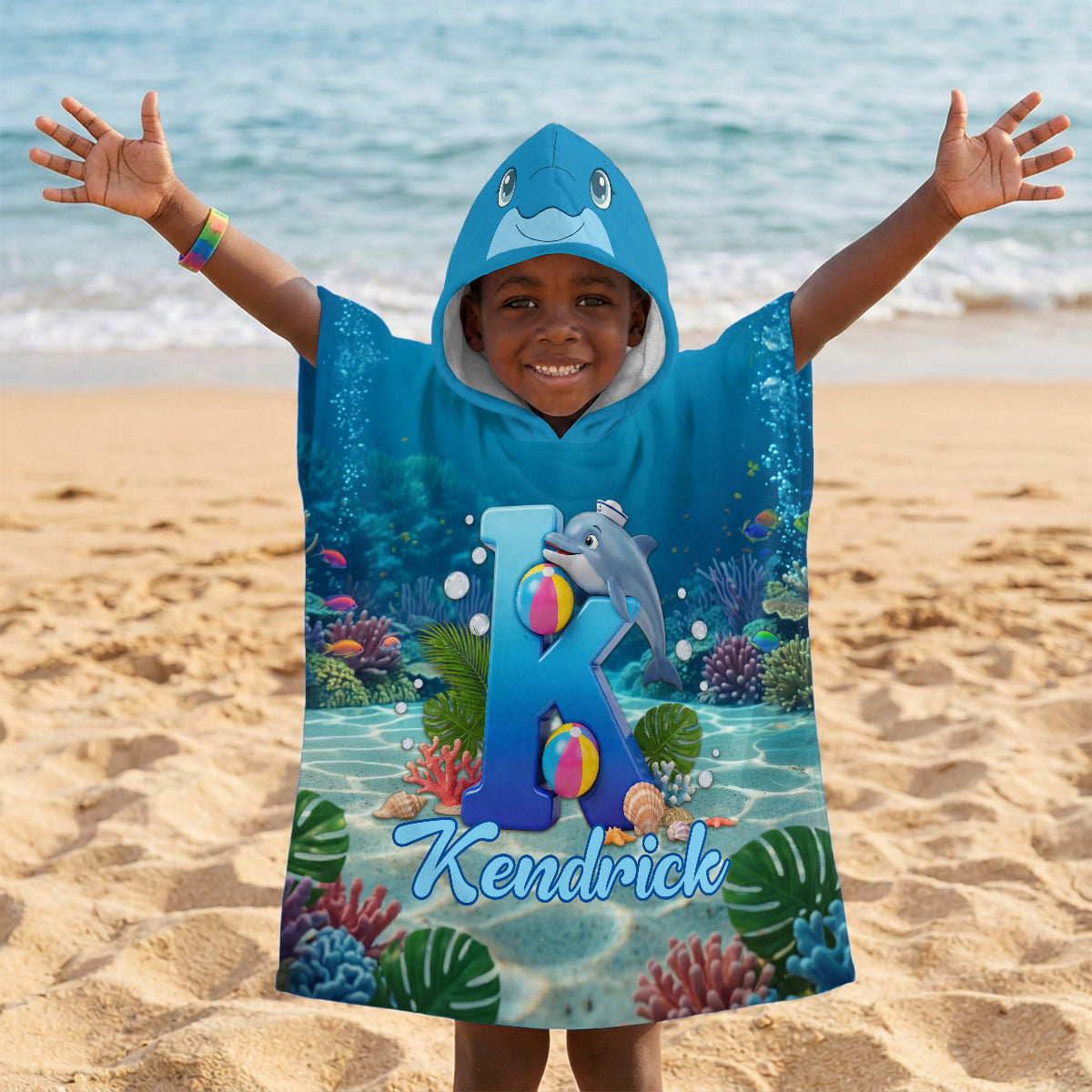 Dolphin Alphabet Summer Beach For Kid - Personalized Kids Hooded Beach Towel