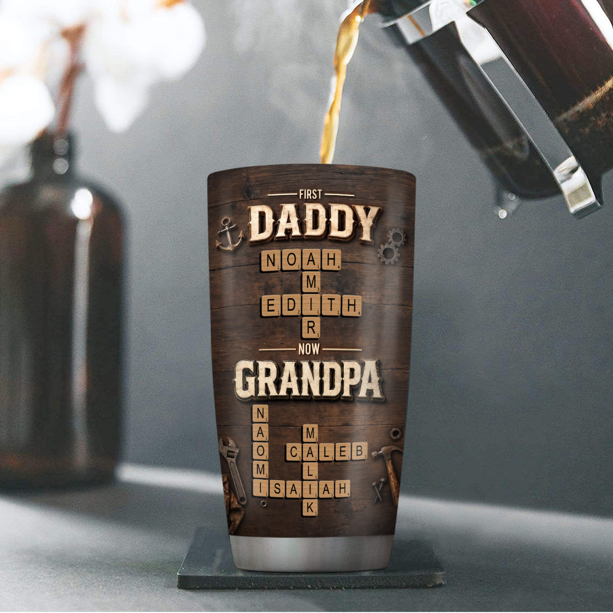 First Daddy Now Grandpa Crossword Puzzle Art - Personalized Stainless Steel Tumbler