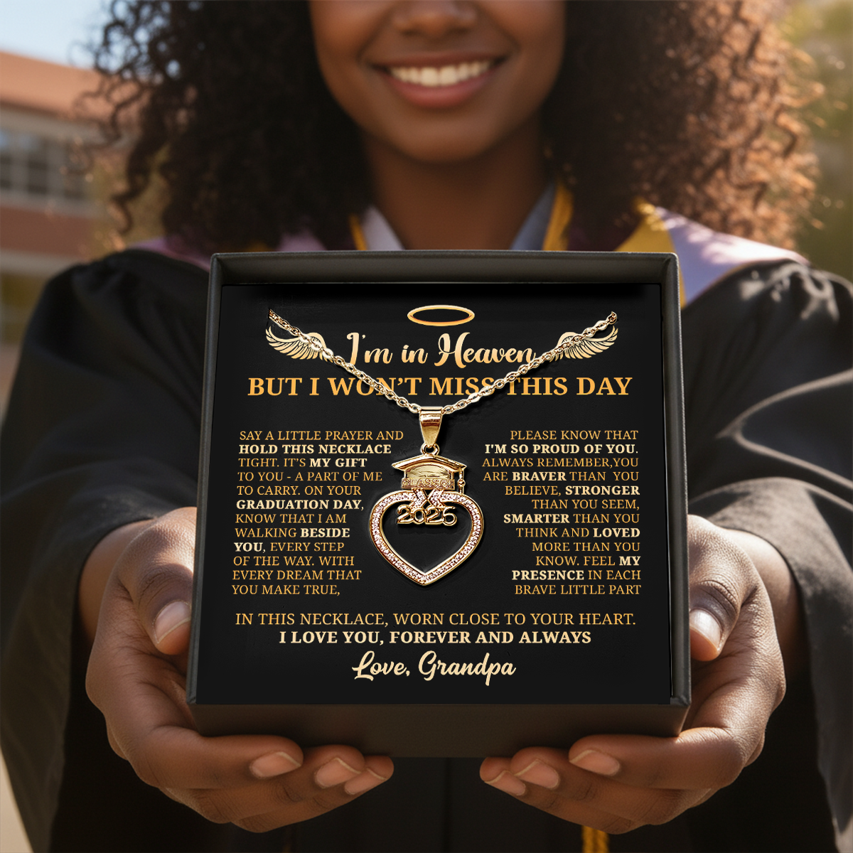 I’m In Heaven But I Won't Miss This Day 2026 - Personalized Grad Cap Heart Necklace With Box & Card 2026