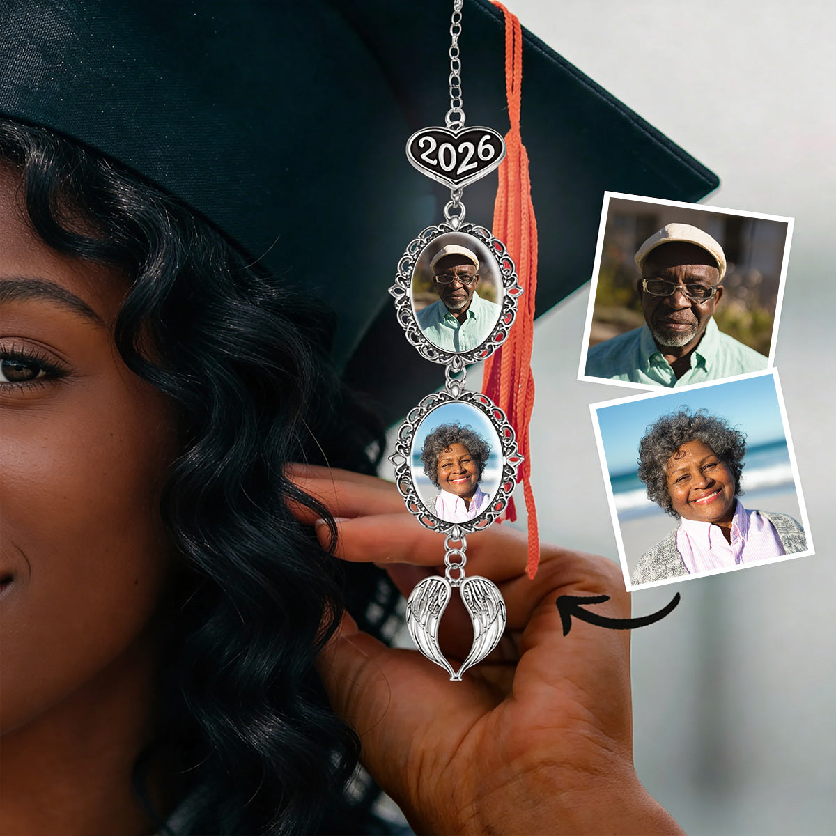 Graduation Walking Beside You Every Step - Personalized Graduation Tassel Photo Charm With Angel Wing