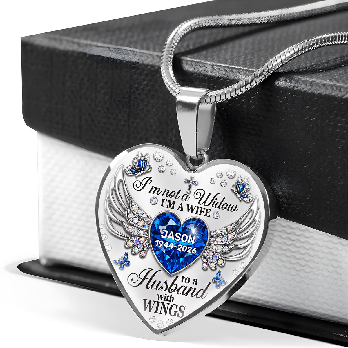 I'm Not A Widow I'm A Wife To A Husband With WIngs - Personalized Heart Necklace