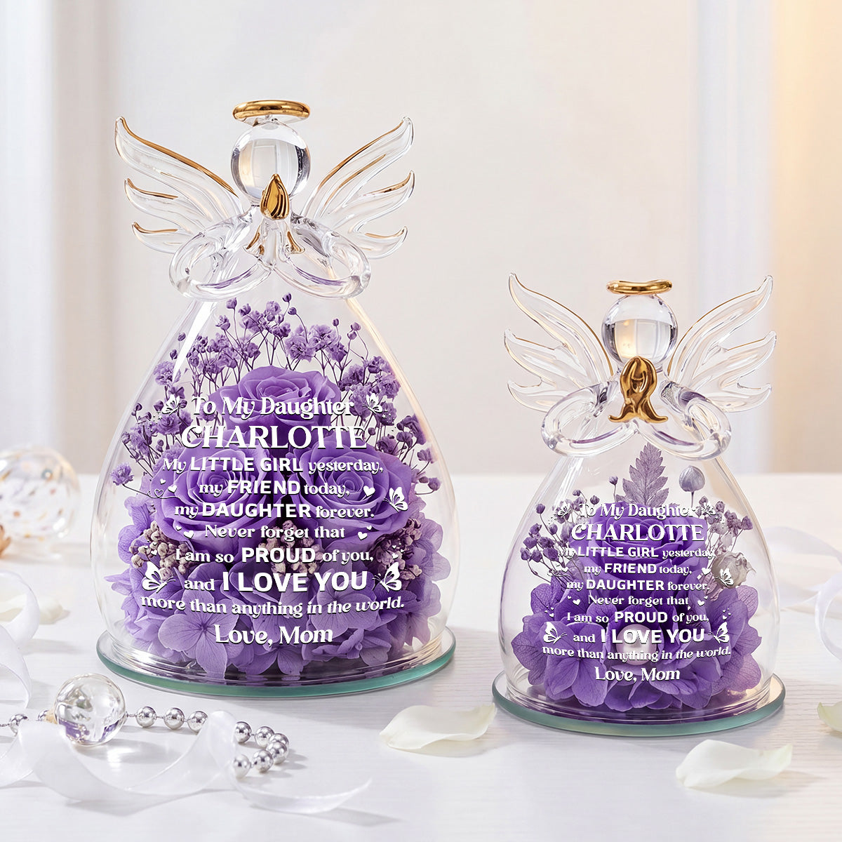 I Love You More Than Anything In The World - Personalized Angel Dome With Preserved Flowers
