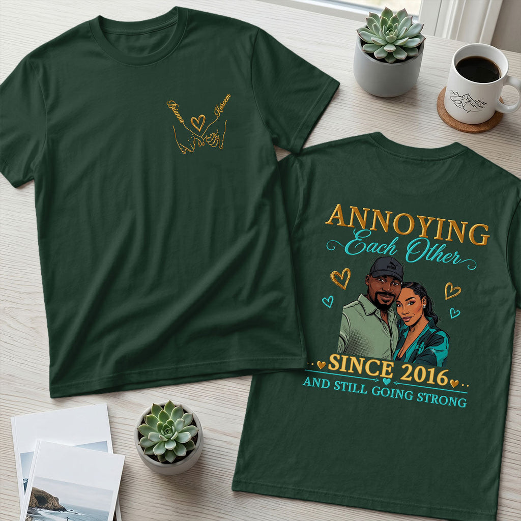 Custom Photo Comic Sketch Annoying Each Other - Personalized T-shirt With Front Back Design