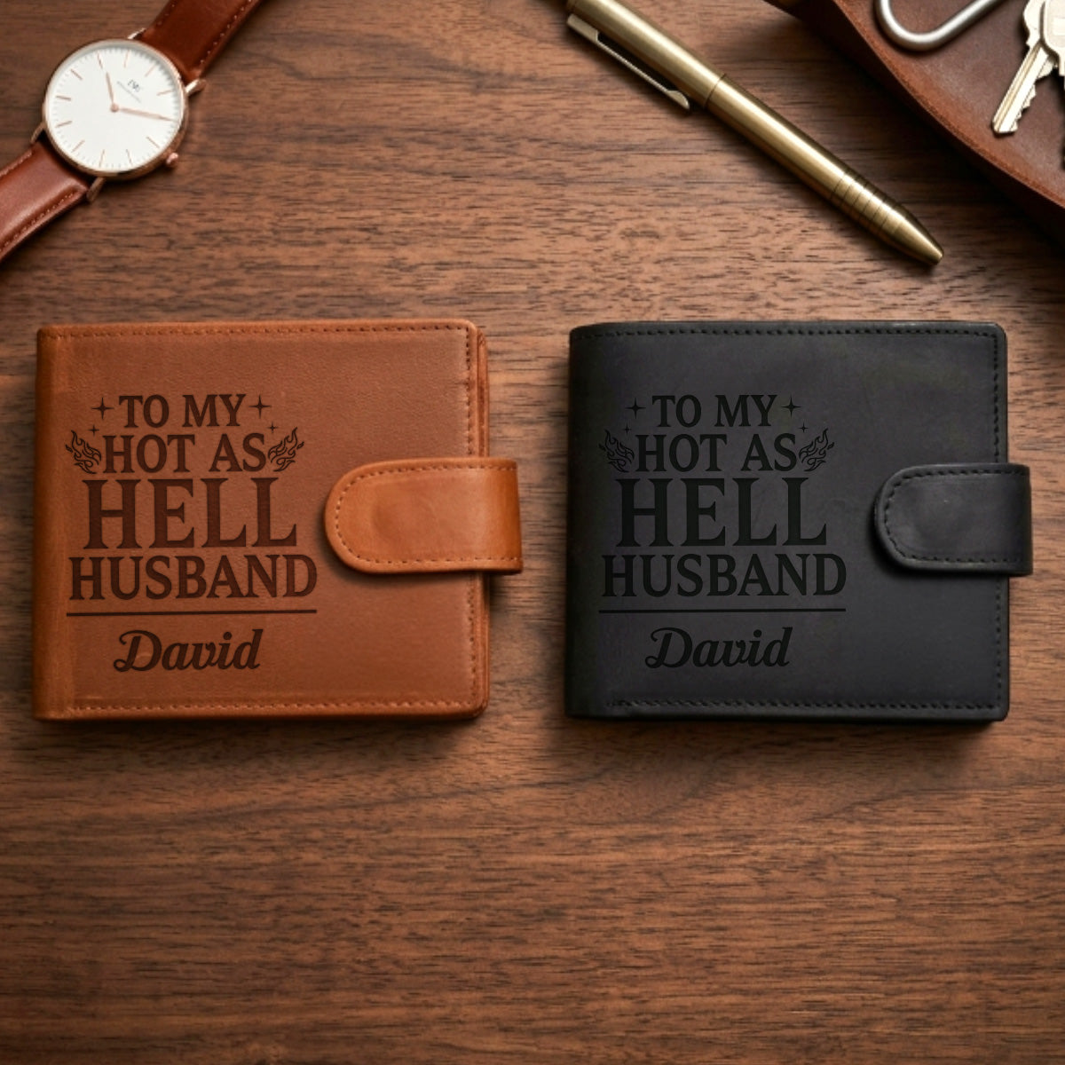 To My Hot-As-Hell Husband - Personalized Men's Engraved Leather Wallet