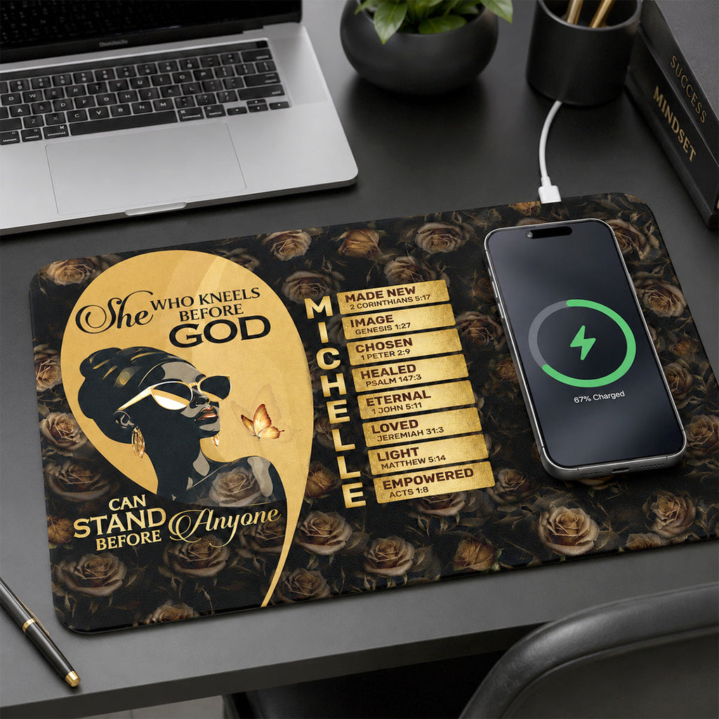 She Who Kneels Before God Can Stand Before Anyone - Personalized Leather Charging Mat