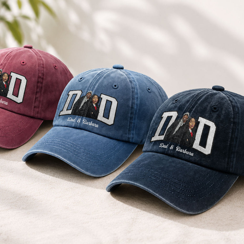 Custom Photo Portrait Dad Grandpa Family Dad - Personalized Vintage Washed Denim Cap