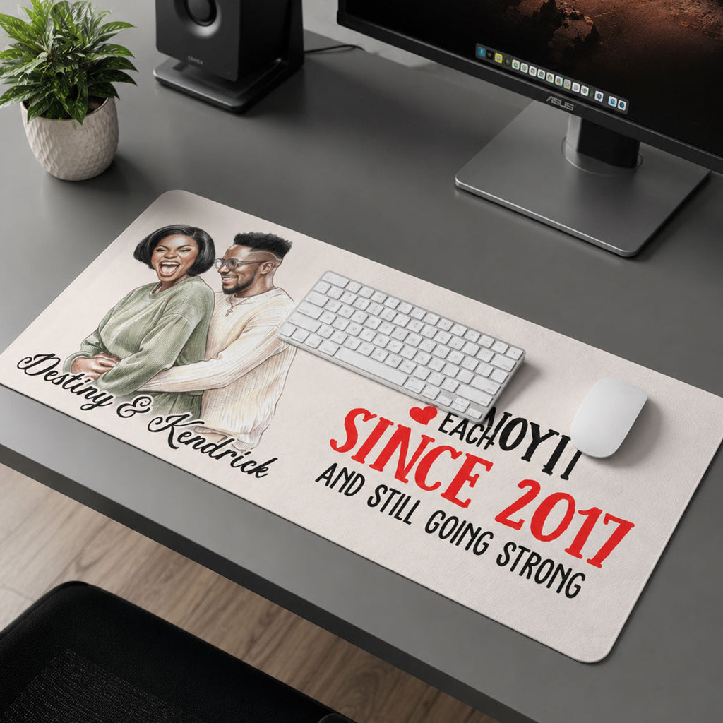 Custom Photo Colored Pencil Sketch Portrait Annoying Each Other - Personalized Leather Desk Mat