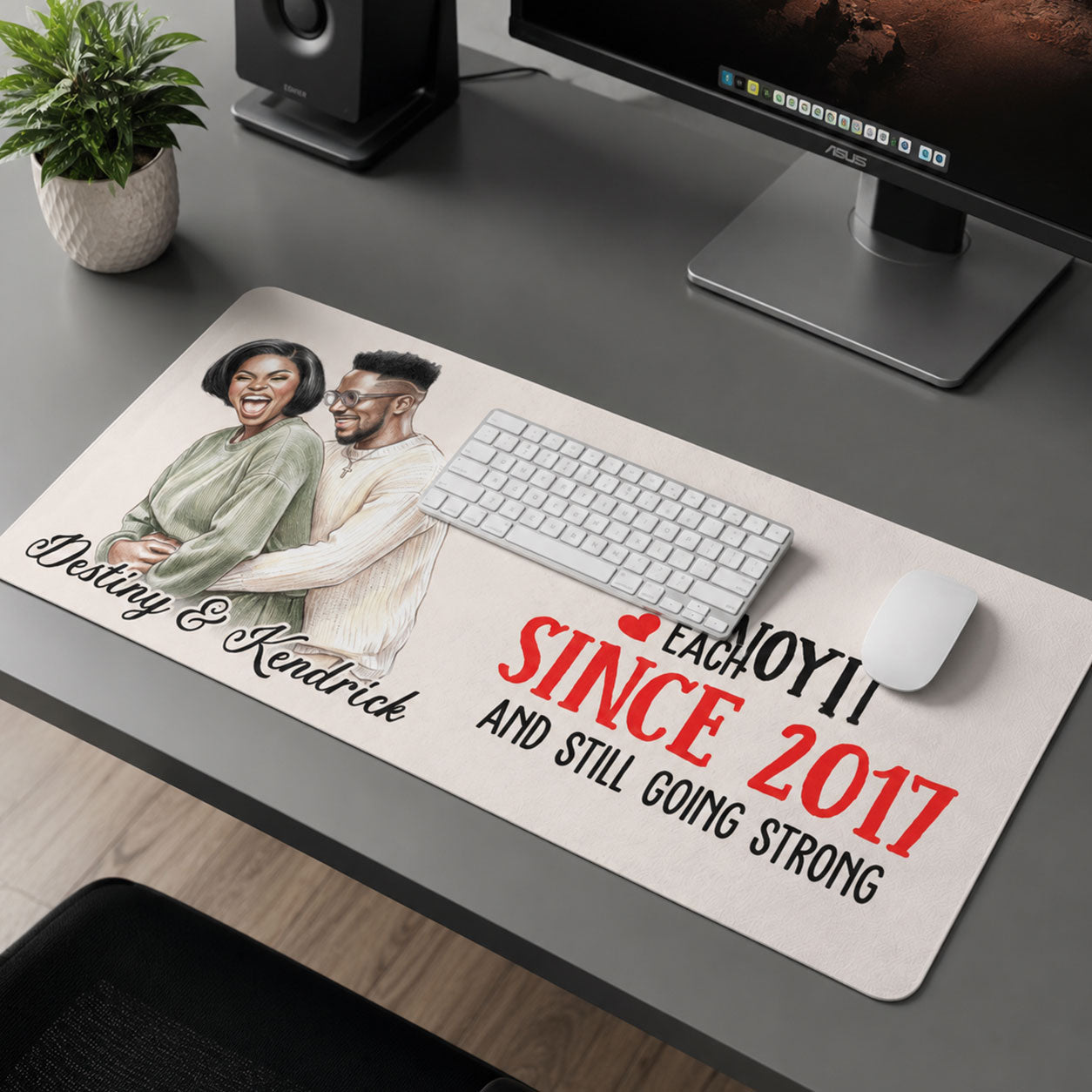 Custom Photo Colored Pencil Sketch Portrait Annoying Each Other - Personalized Leather Desk Mat