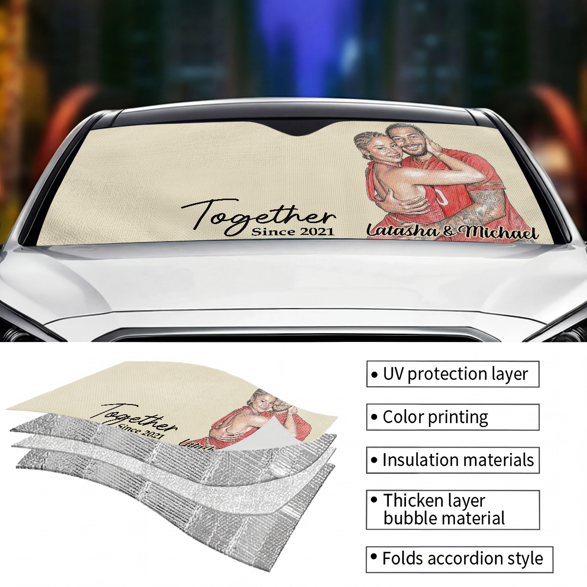 Custom Photo Colored Pencil Sketch Portrait Together Since Forever - Personalized Auto Sunshade