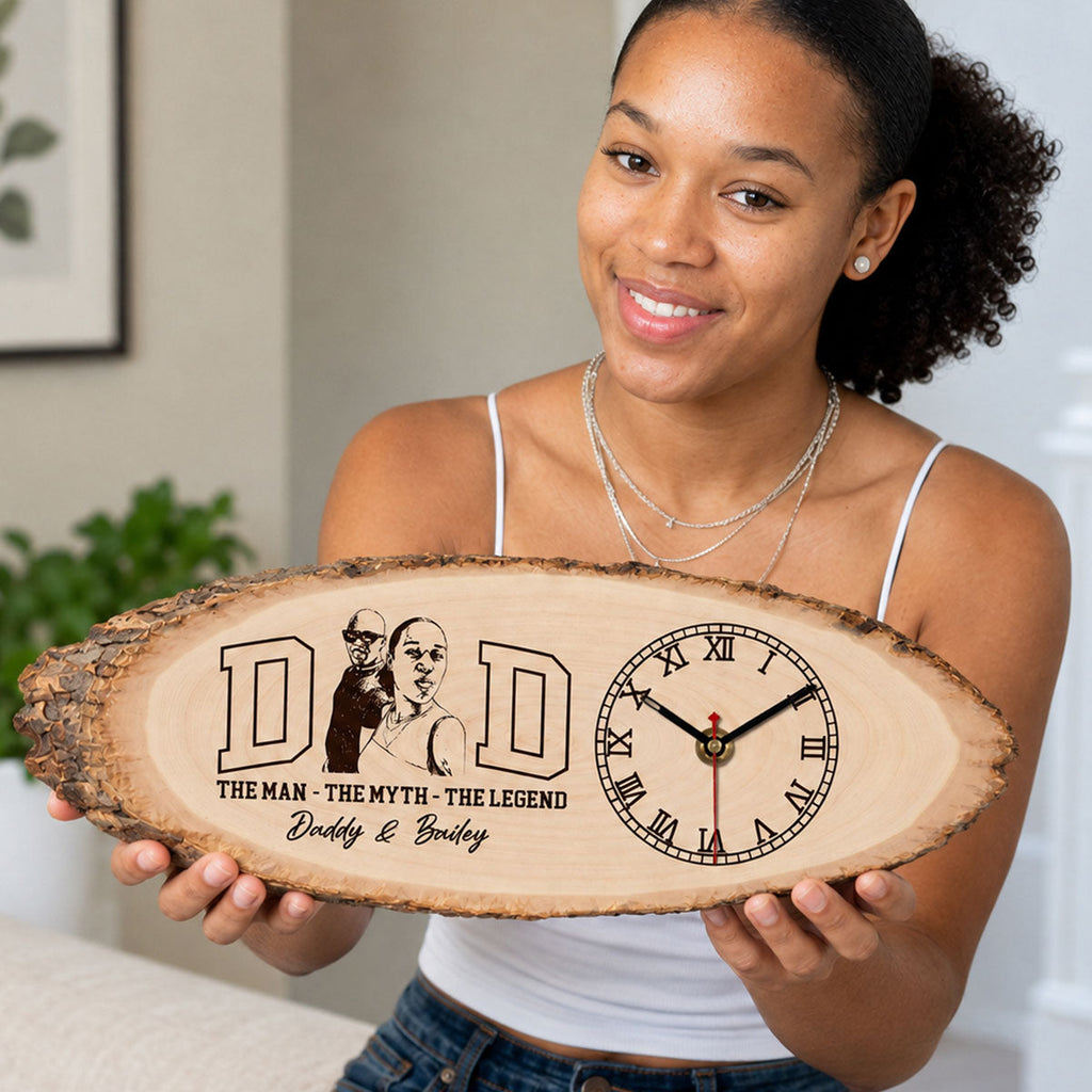 Custom Photo Pencil Sketch Dad The Man The Myth The Legend - Personalized Wooden Desk Clock