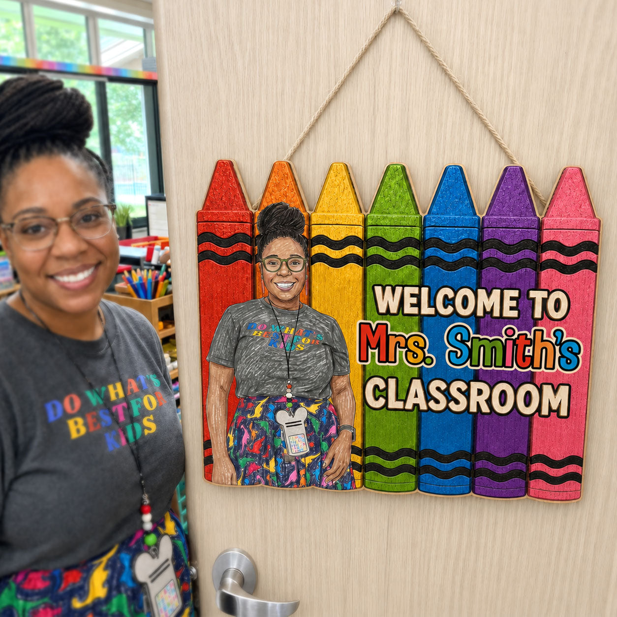 Custom Photo Crayon Sketch Welcome To My Classroom - Personalized Wooden Door Sign