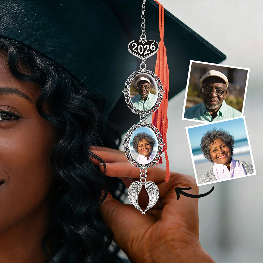 With You On Your Graduation - Personalized Graduation Tassel Photo Charm With Angel Wing