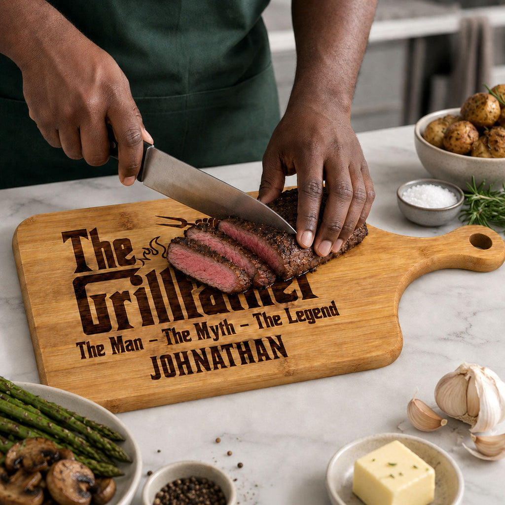 The Man, The Myth, The Grill Master - Personalized Cutting Board With Handle