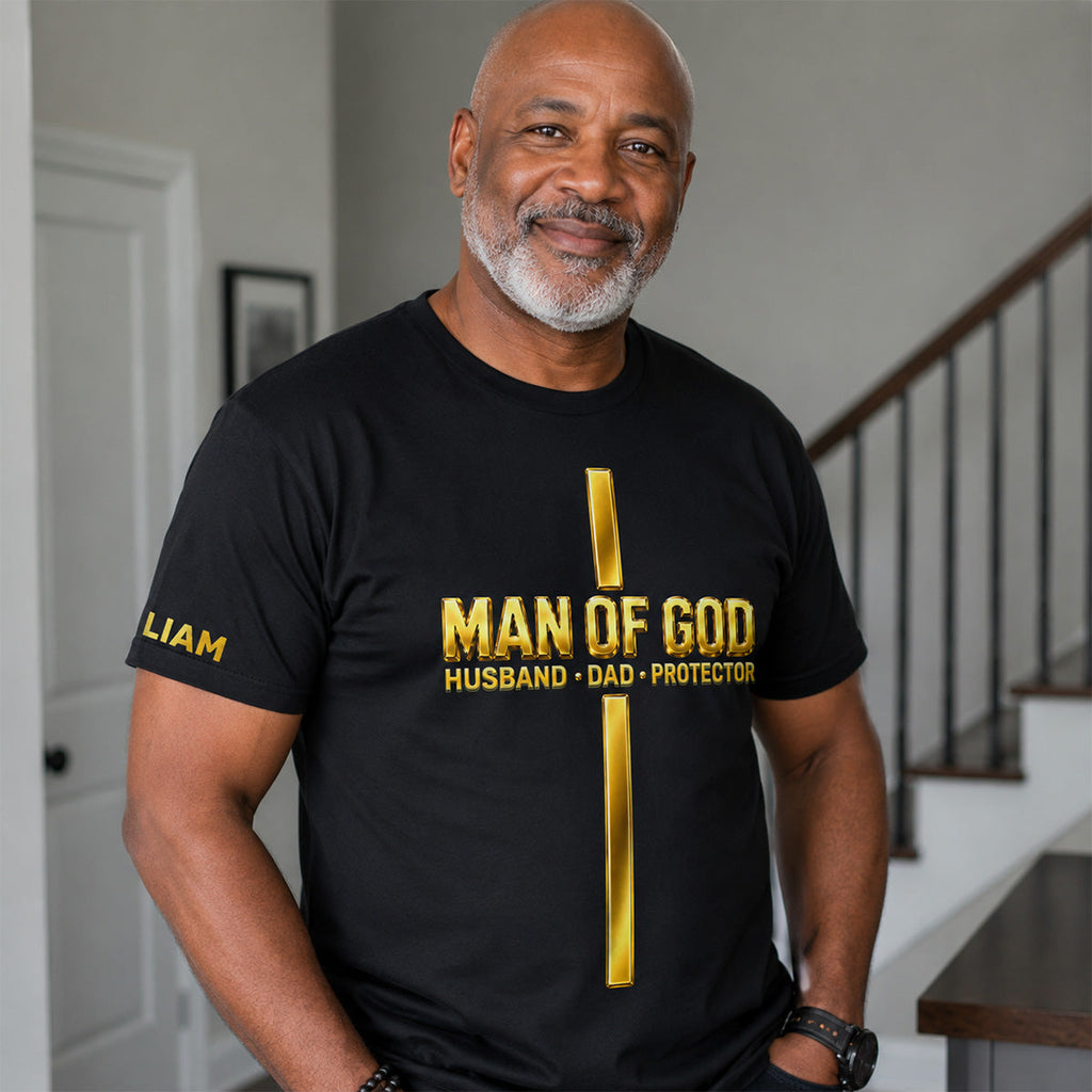 Godly Husband Dad Protector - Personalized T-shirt With Front And Sleeve Design