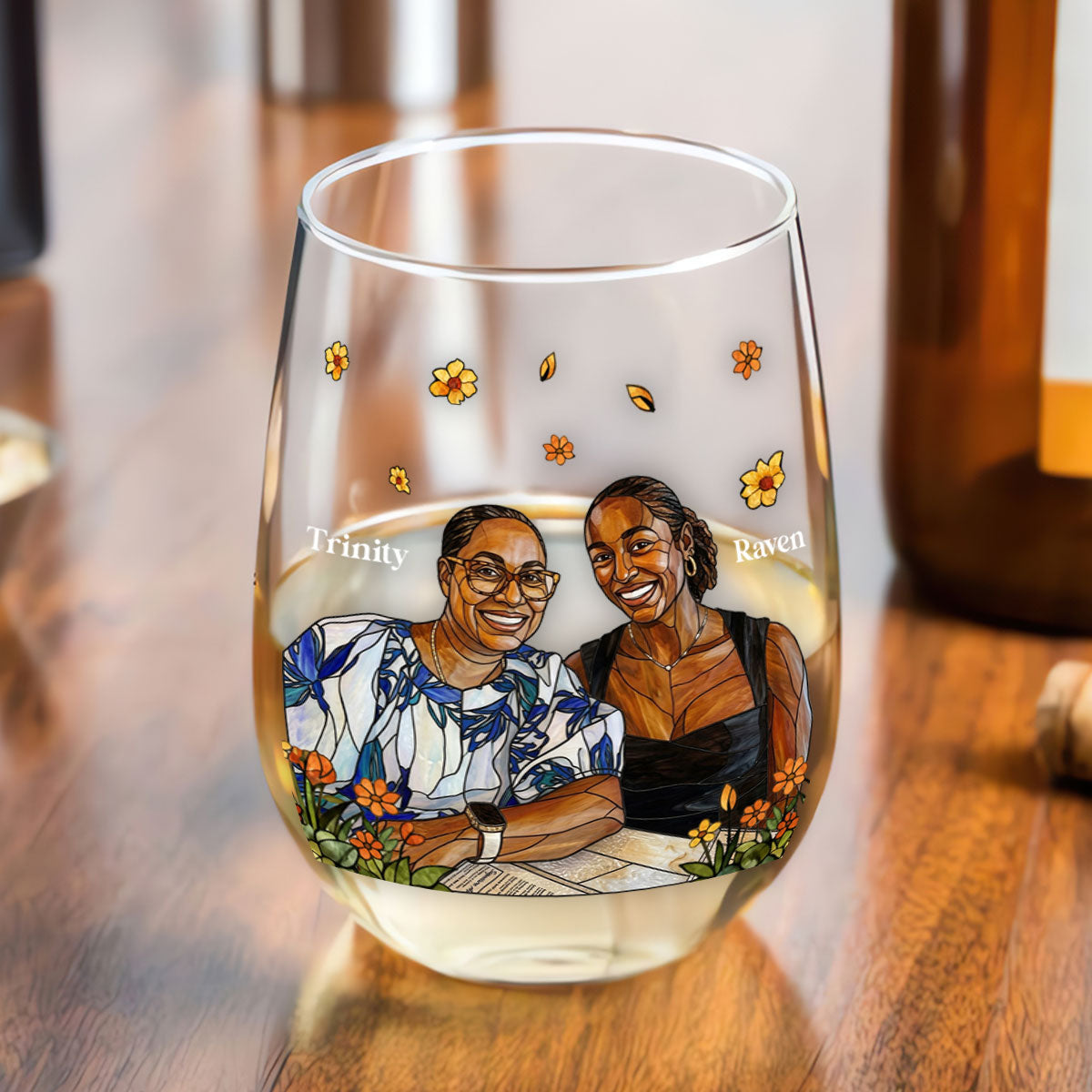Custom Photo Stained Glass Portrait Mom Grandma Parents Family - Personalized Stemless Wine Glass