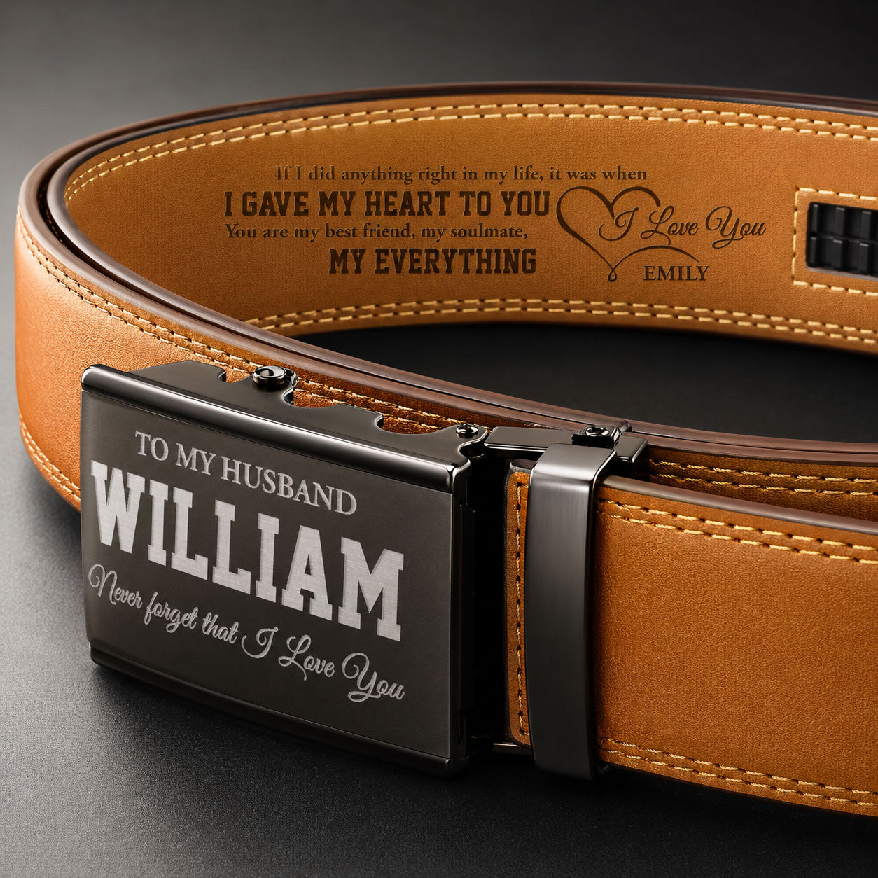 Never Forget I Love You - Personalized Leather Belt With Engraved Buckle