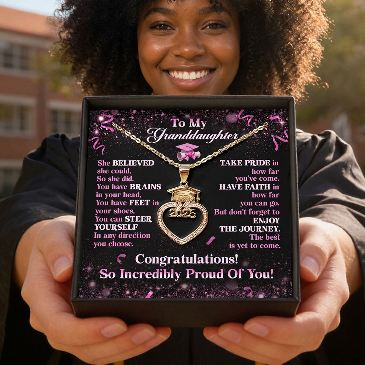 Believe, Achieve, Enjoy The Journey - Personalized Grad Cap Heart Necklace With Box & Card 2026