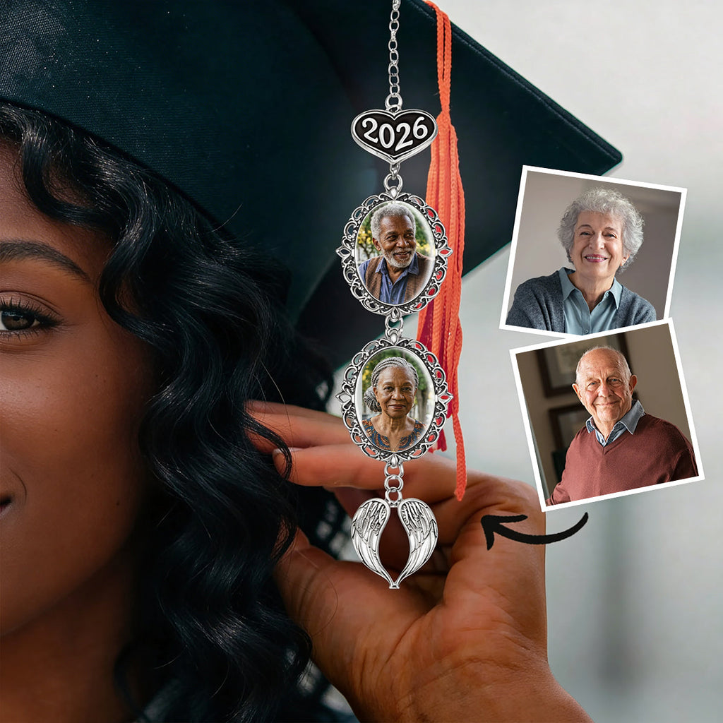 A Little Hug From Heaven On Your Graduation Day - Personalized Graduation Tassel Photo Charm With Angel Wing