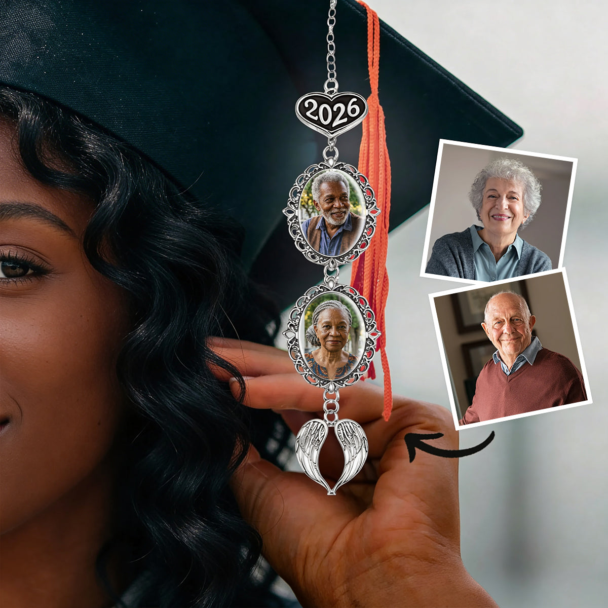 A Little Hug From Heaven On Your Graduation Day - Personalized Graduation Tassel Photo Charm With Angel Wing