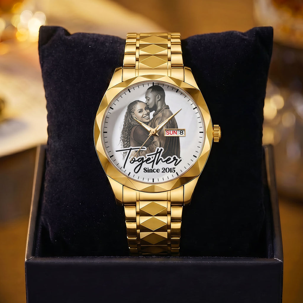 Custom Photo Husband Wife Couple Anniversary Gift Together Forever - Personalized Men's Wrist Watch
