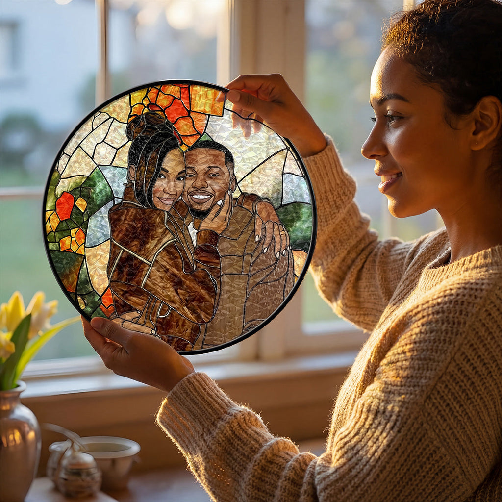 Custom Photo Stained Glass Portrait Wife Husband Couple - Personalized Stained Glass Window Hanging Suncatcher