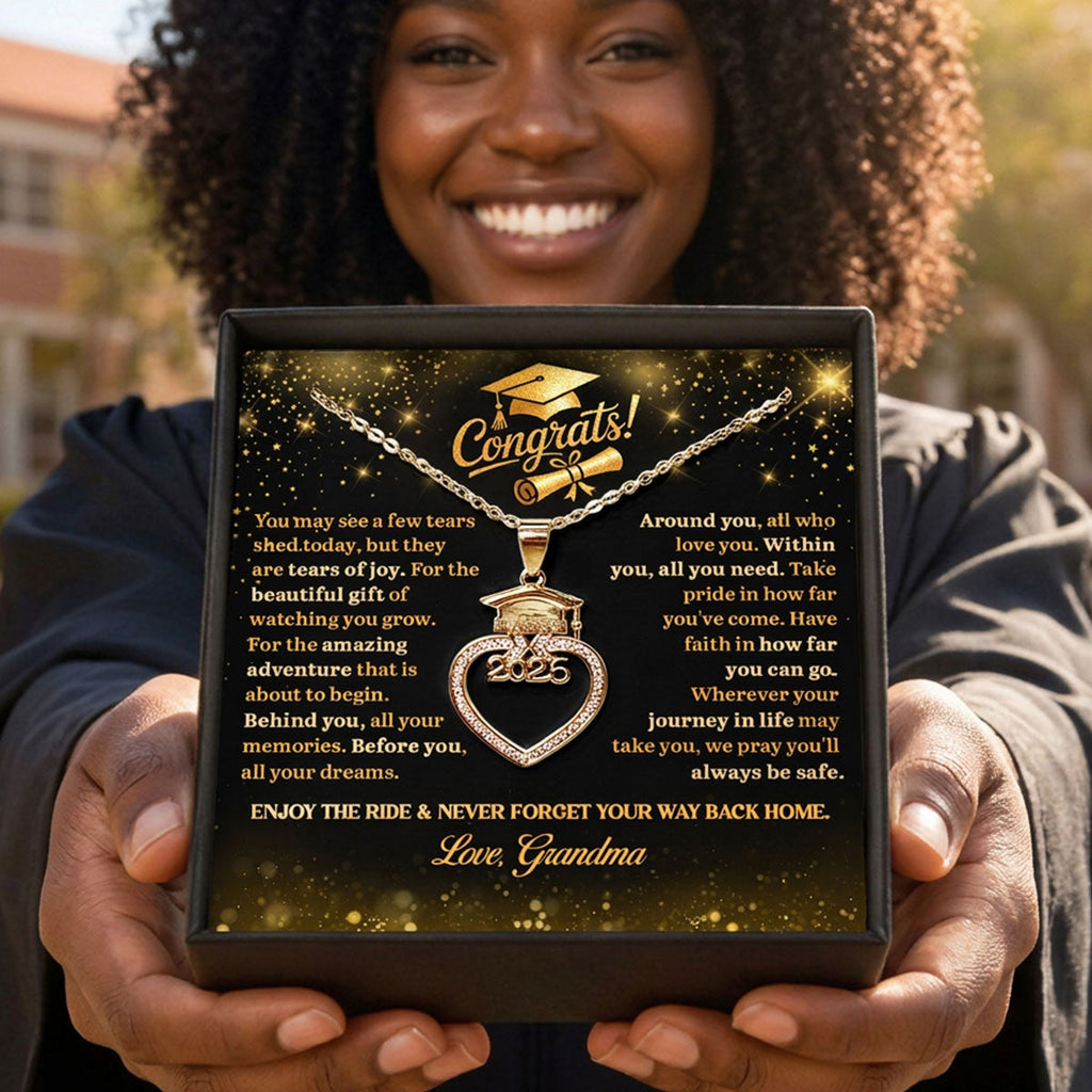 Tears Of Joy, Dreams Ahead - Personalized Grad Cap Heart Necklace With Box & Card 2026
