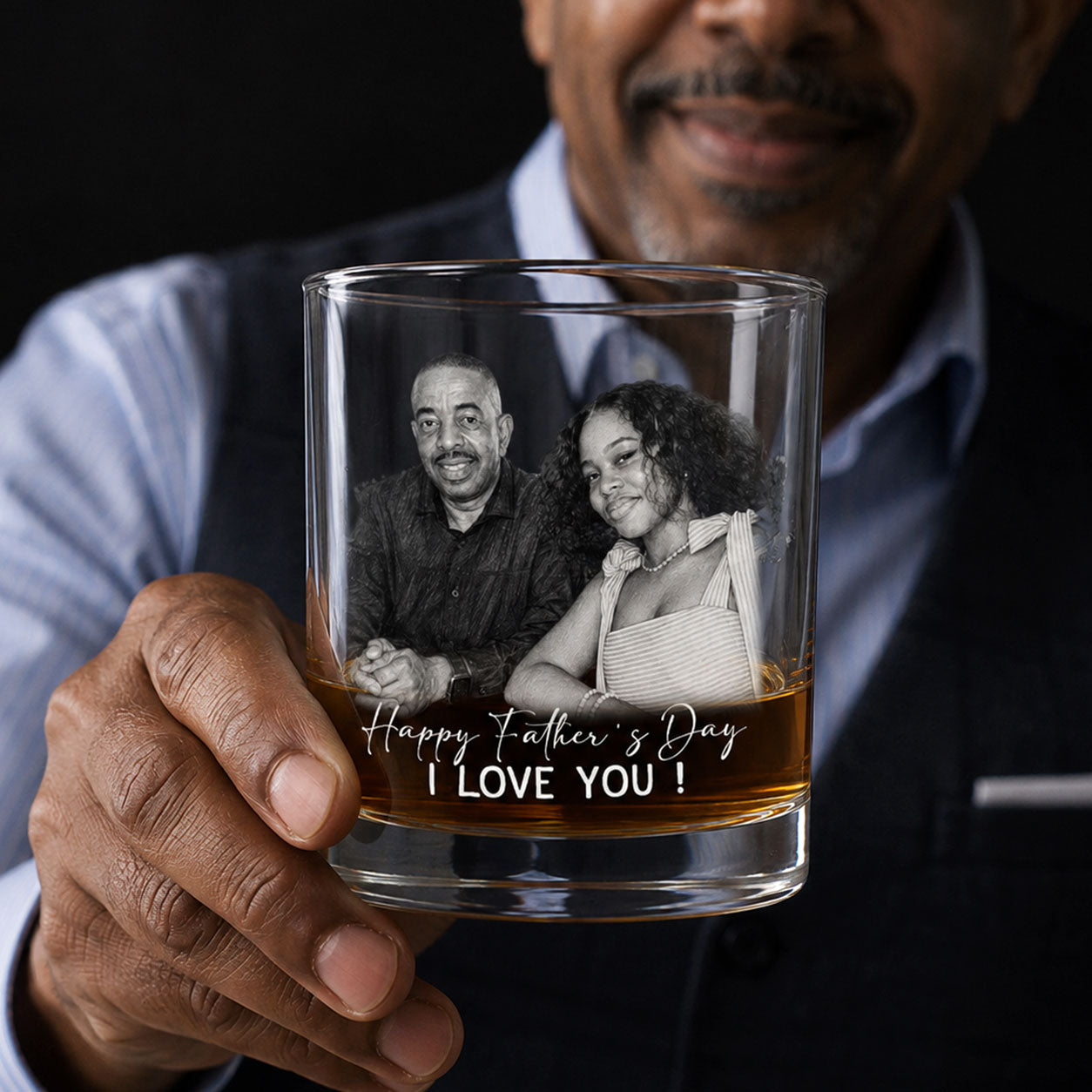 Custom Photo Pencil Sketch Best Dad Ever - Personalized Round Whiskey Glass