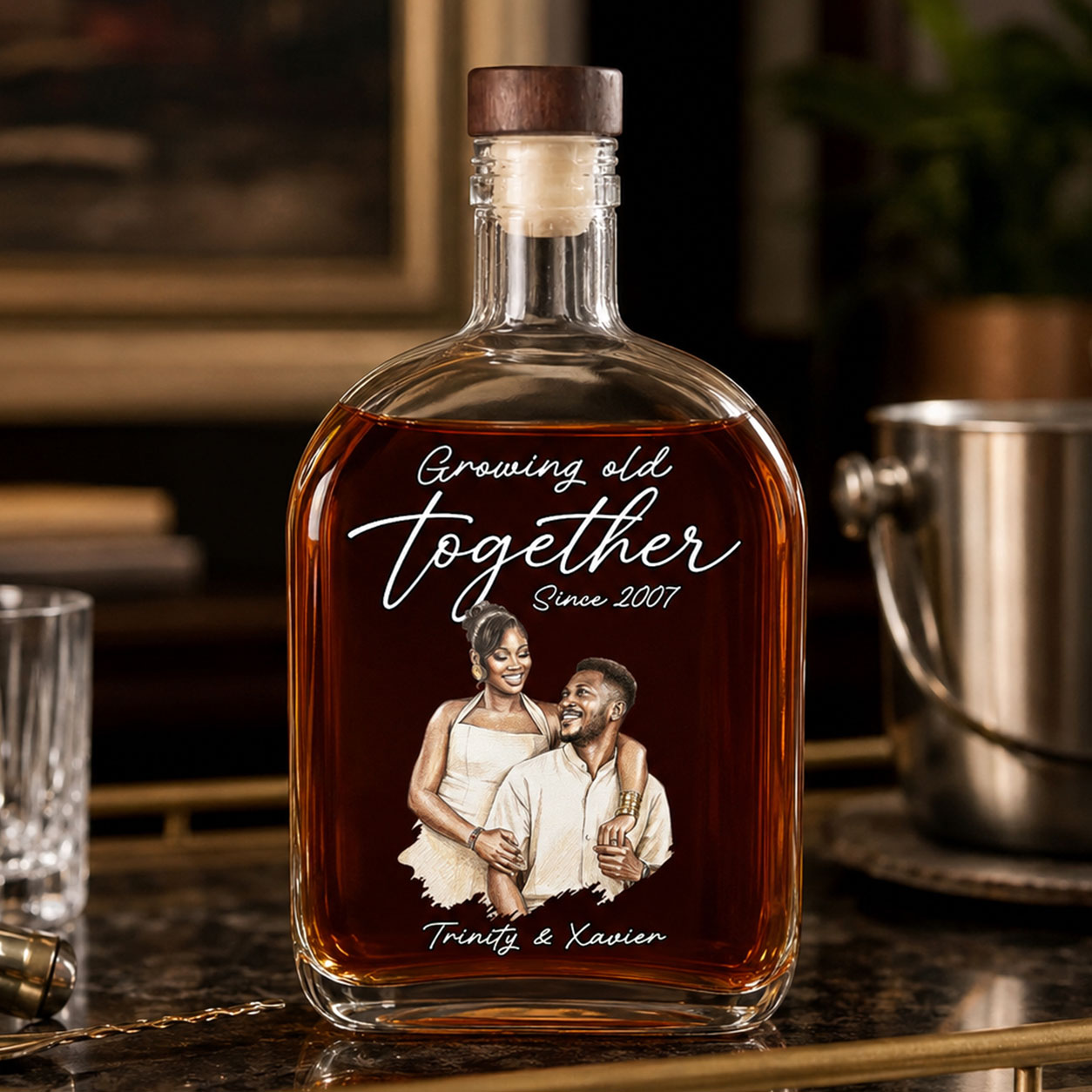 Custom Photo Colored Pencil Sketch Portrait  - Personalized Whiskey Bottle