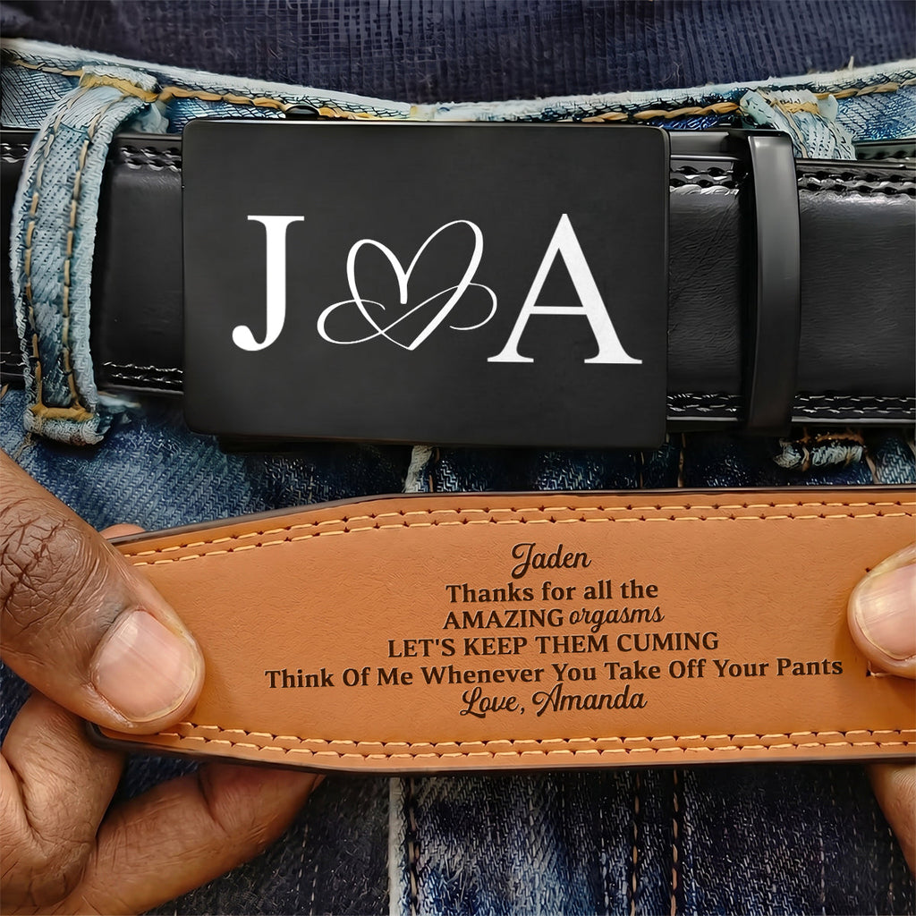 Thanks For All The Amazing Orgasms - Personalized Leather Belt With Engraved Buckle