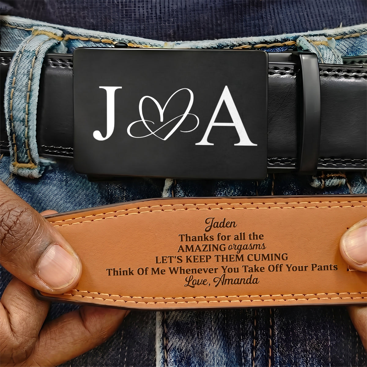 Thanks For All The Amazing Orgasms - Personalized Leather Belt With Engraved Buckle