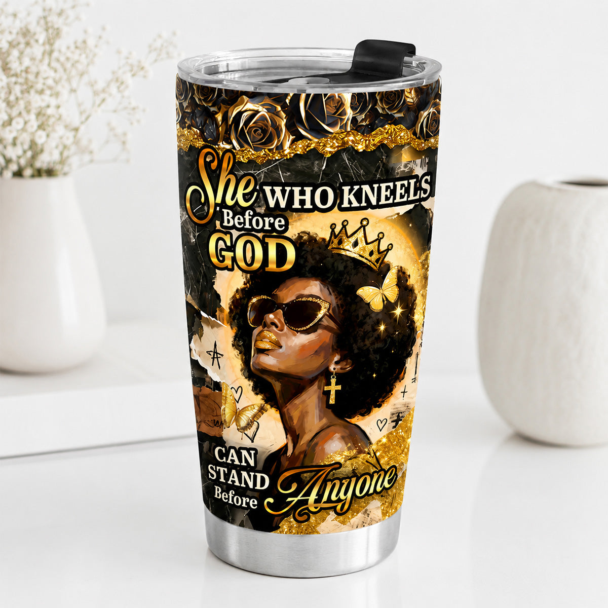 She Who Kneels Before God Can Stand Before Anyone - Personalized Stainless Steel Tumbler