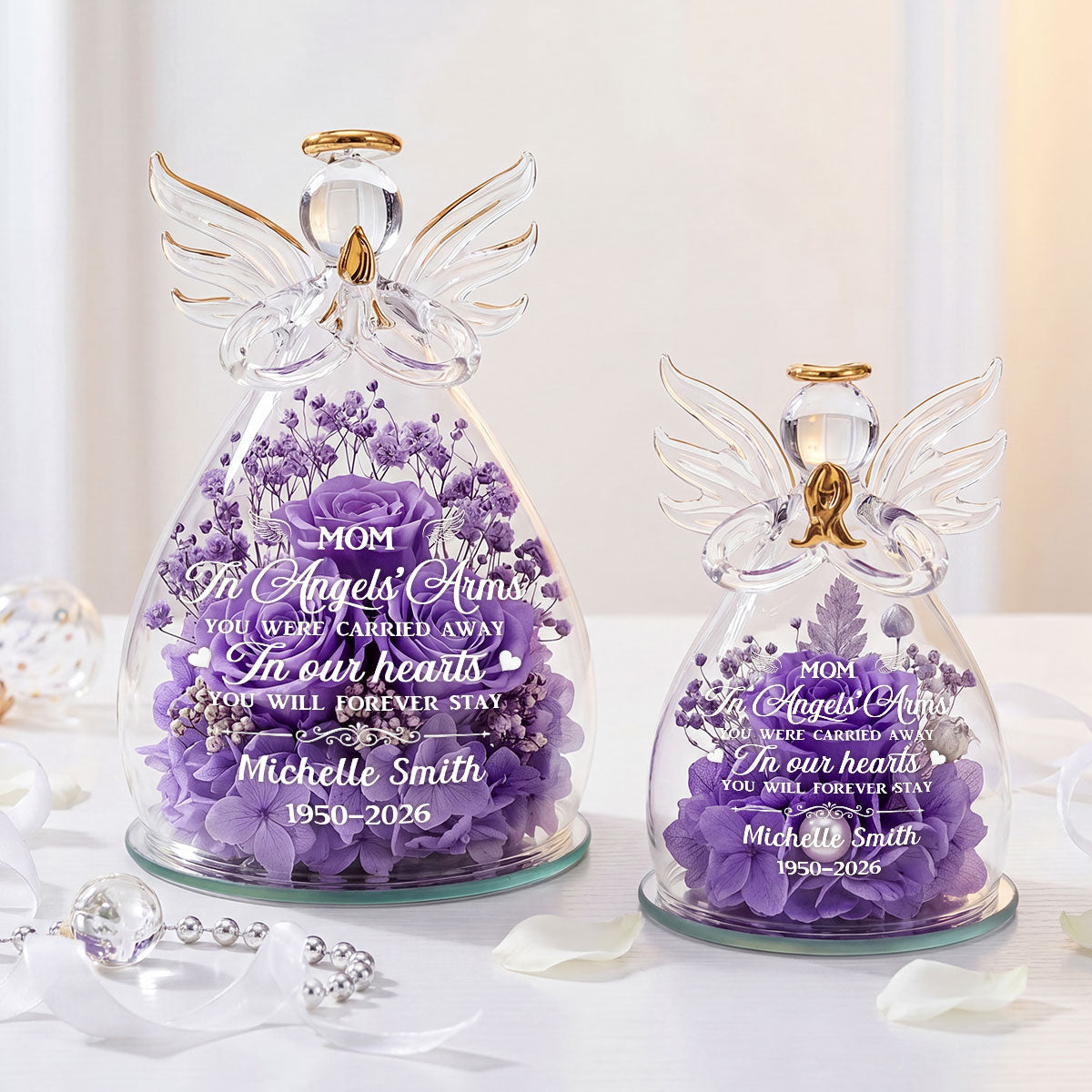You Will Forever Stay In Our Hearts - Personalized Angel Dome With Preserved Flowers