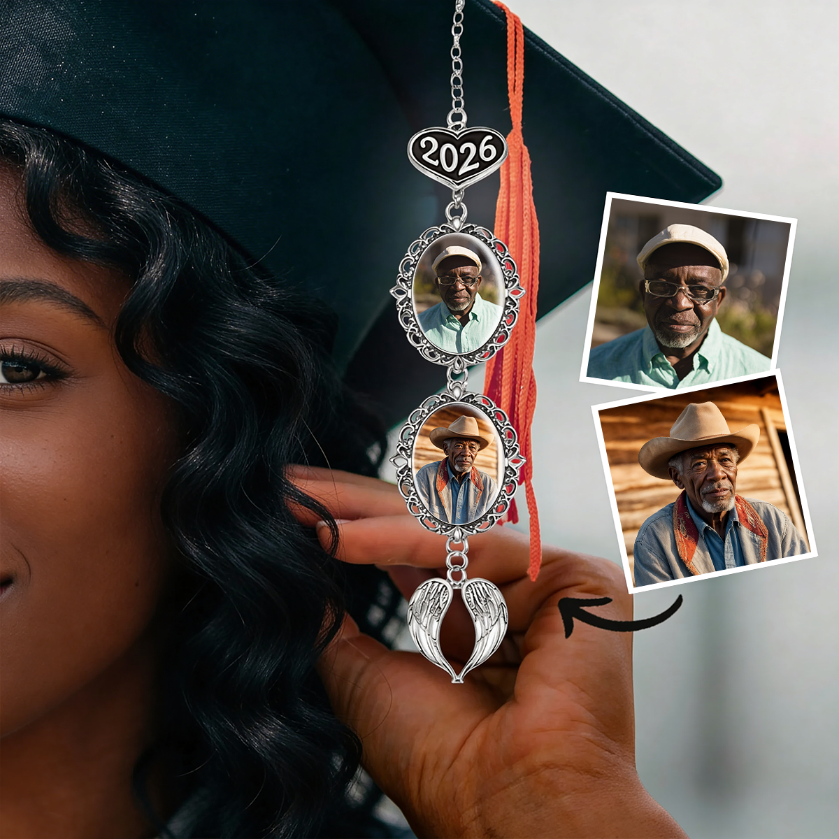I'm Sending My Love As You Celebrate - Personalized Graduation Tassel Photo Charm With Angel Wing