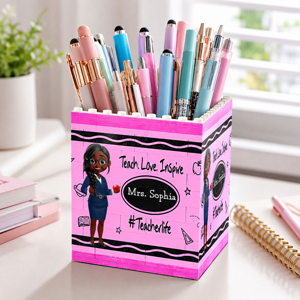 Teacher Teach Love Inspire - Personalized Building Brick Pen Holder