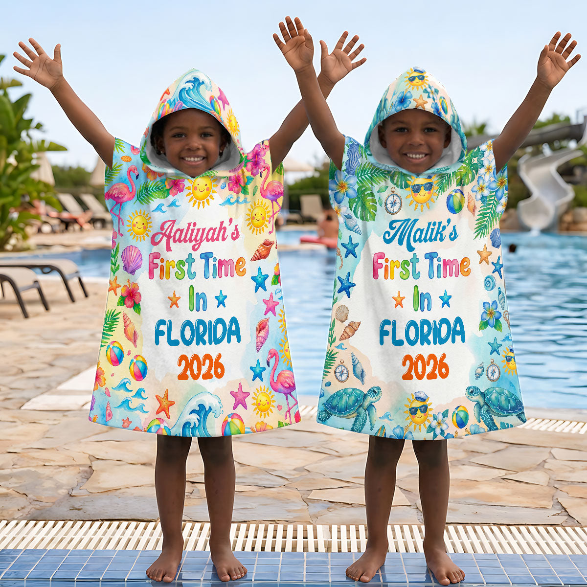 First Time On Holiday - Personalized Kids Hooded Beach Towel