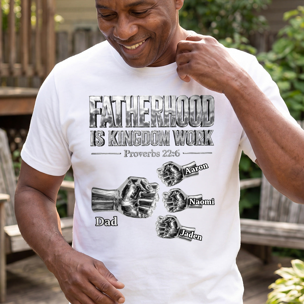 Fatherhood Is Kingdom Work Silver Fist Bump - Personalized 2D Unisex T-shirt