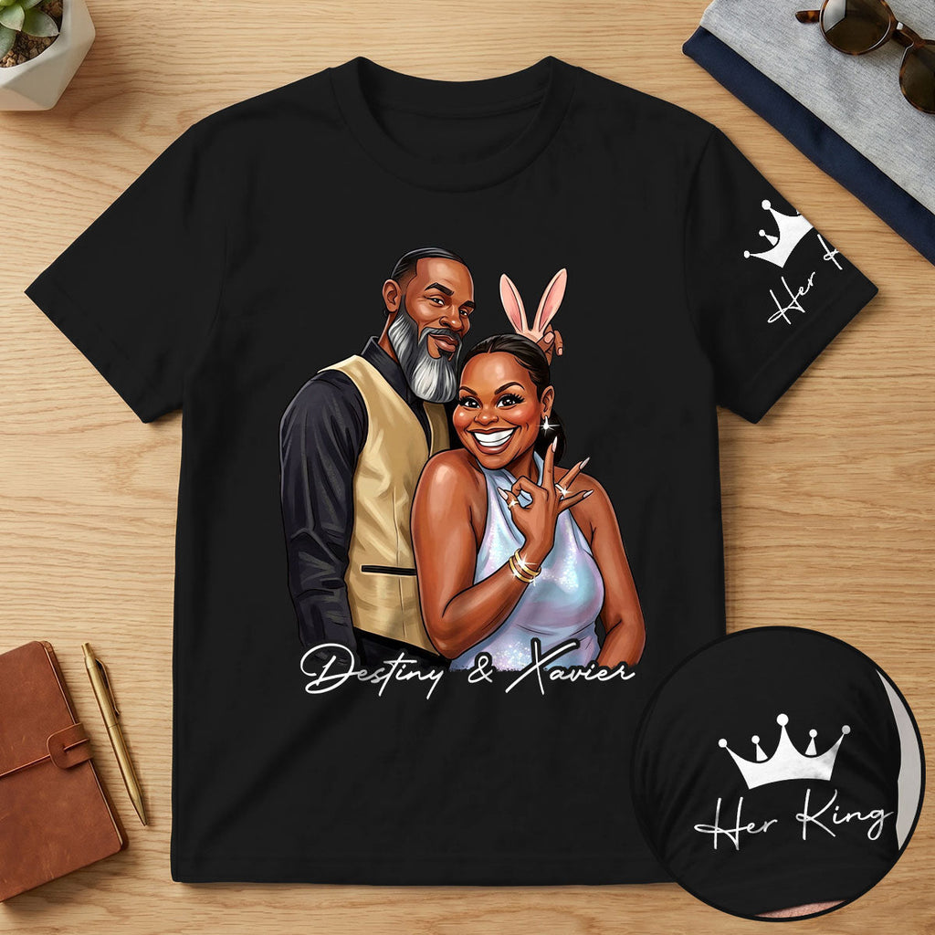 Custom Photo His Queen Her King Anniversary Gift - Personalized T-shirt With Front And Sleeve Design