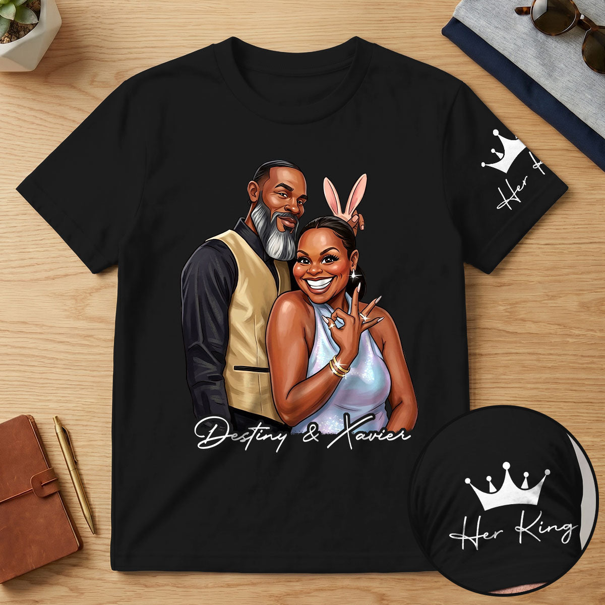 Custom Photo His Queen Her King Anniversary Gift - Personalized T-shirt With Front And Sleeve Design