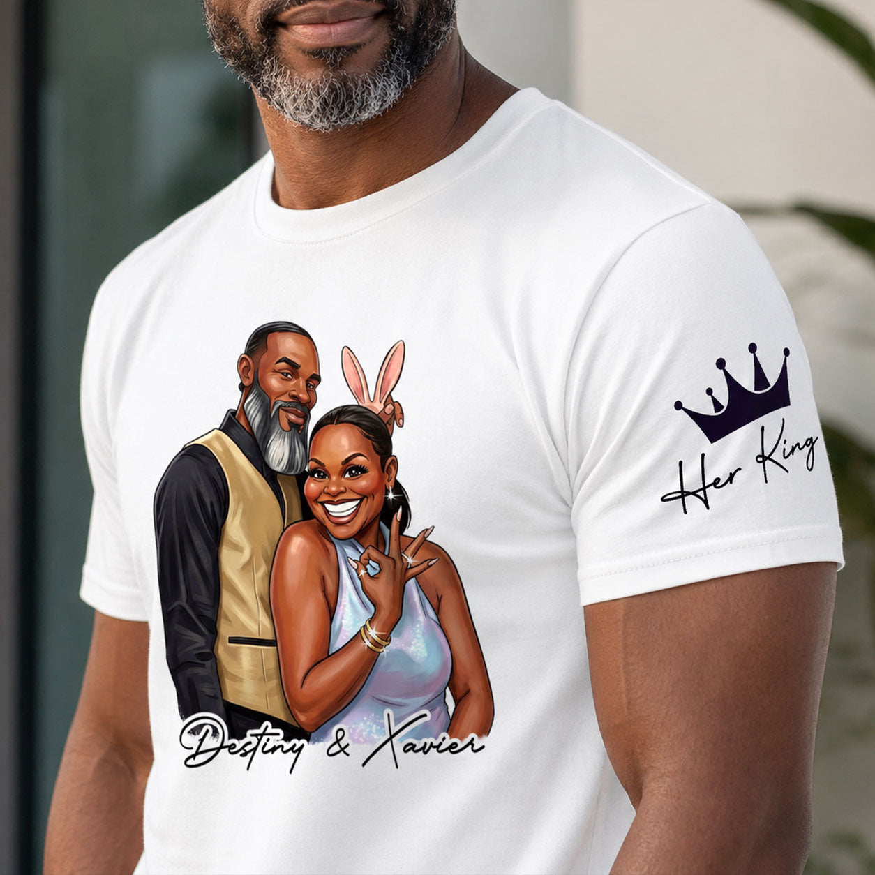 Custom Photo His Queen Her King Anniversary Gift - Personalized T-shirt With Front And Sleeve Design