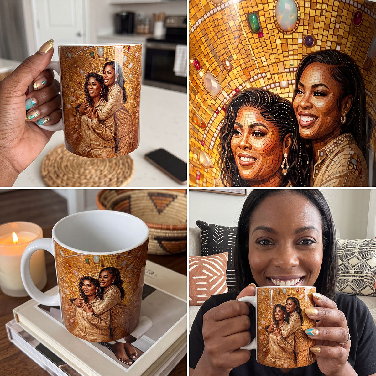 Custom Photo Portrait Premium Mosaic Mom Grandma Parents Family Gold Version - Personalized Ceramic Coffee Mug