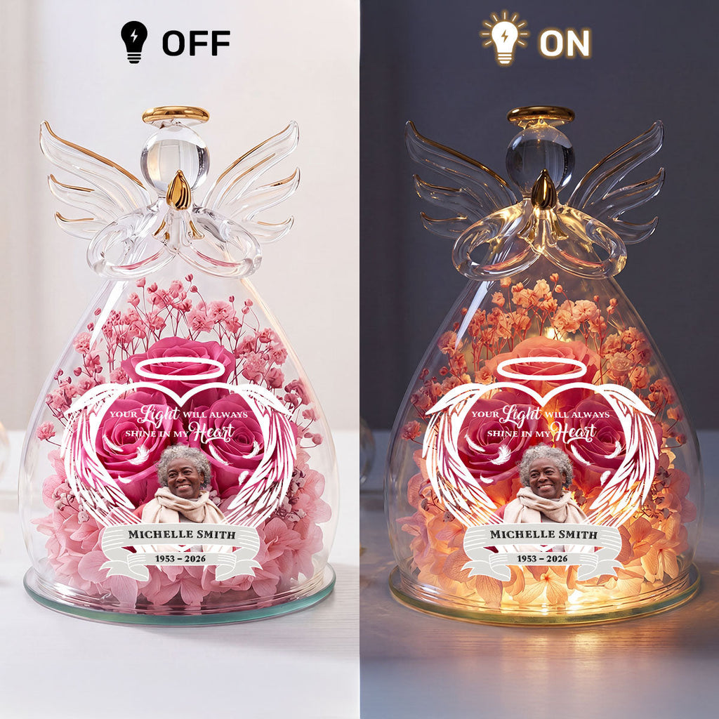 Your Light Will Always Shine In My Heart - Personalized Angel Dome With Preserved Flowers