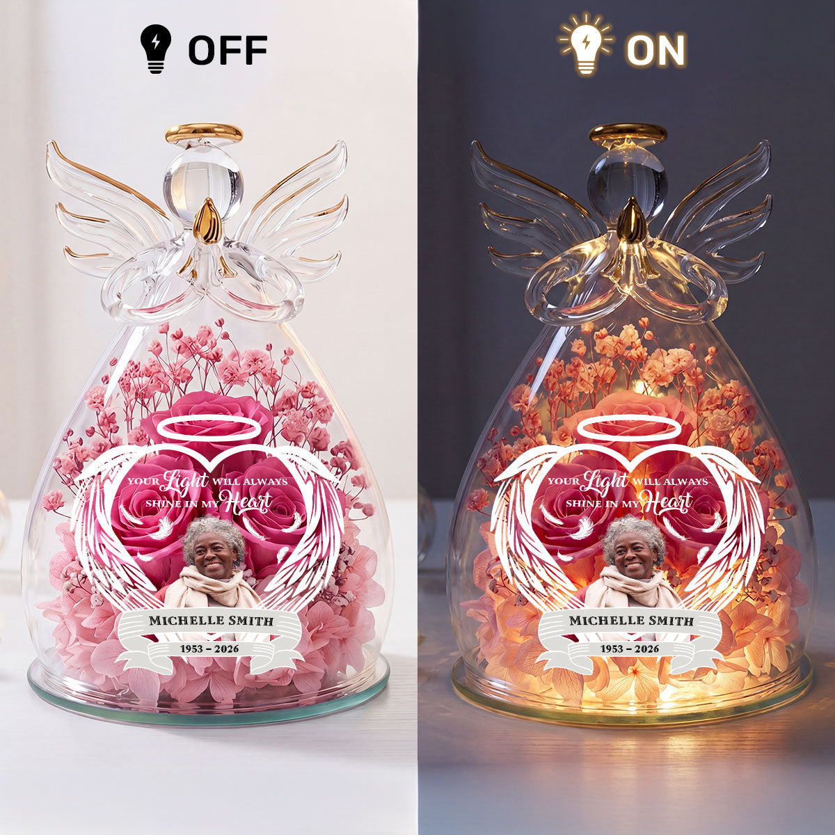Your Light Will Always Shine In My Heart - Personalized Angel Dome With Preserved Flowers