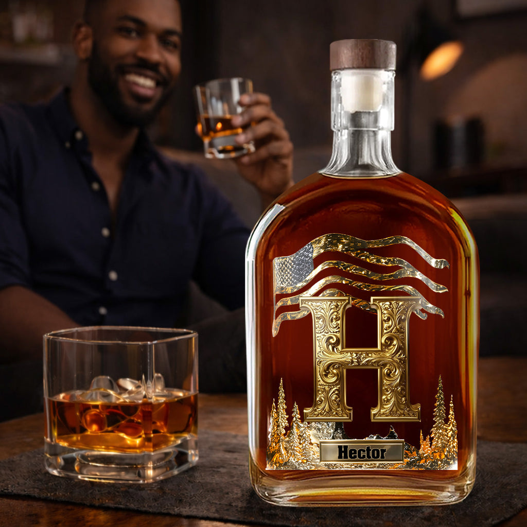 Golden Initial Gift For Husband and Dad - Personalized Whiskey Bottle