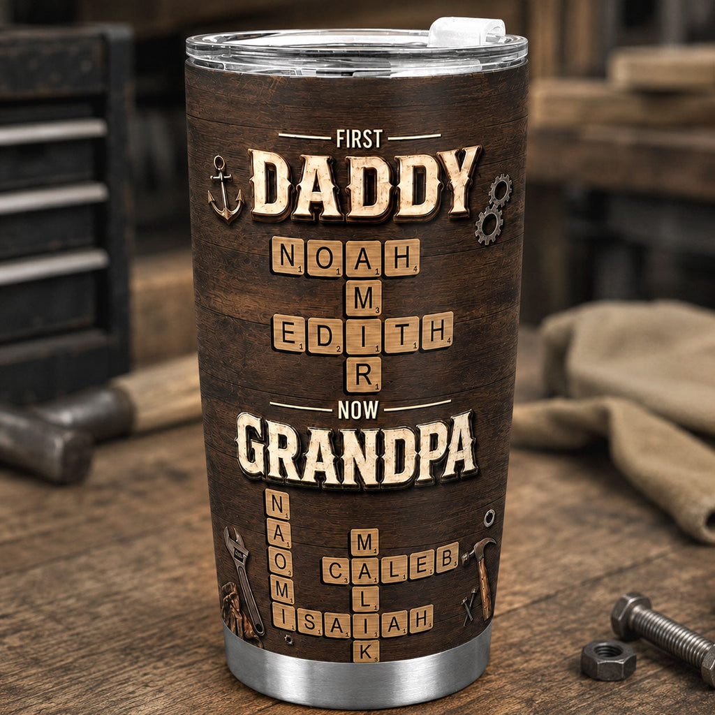 First Daddy Now Grandpa Crossword Puzzle Art - Personalized Stainless Steel Tumbler