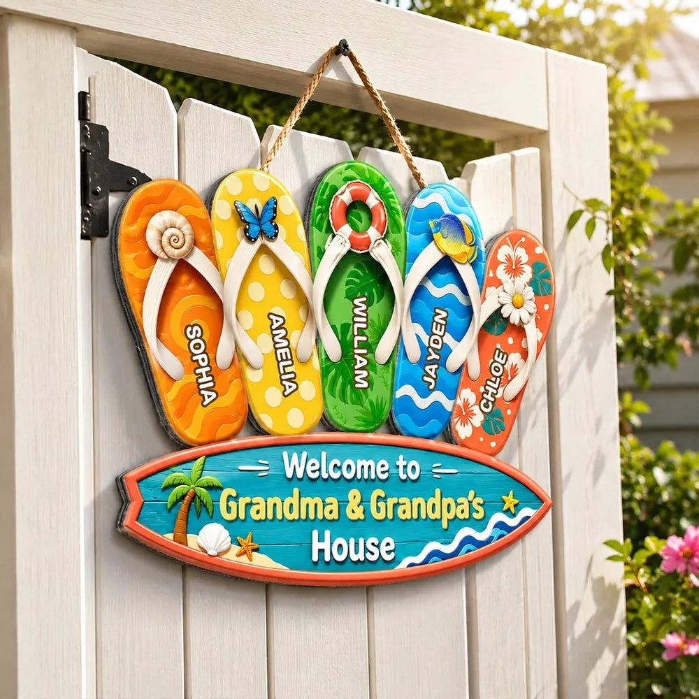 Hello Summer Vibe Welcome To Grandma Grandpa House - Personalized Wooden Door Sign