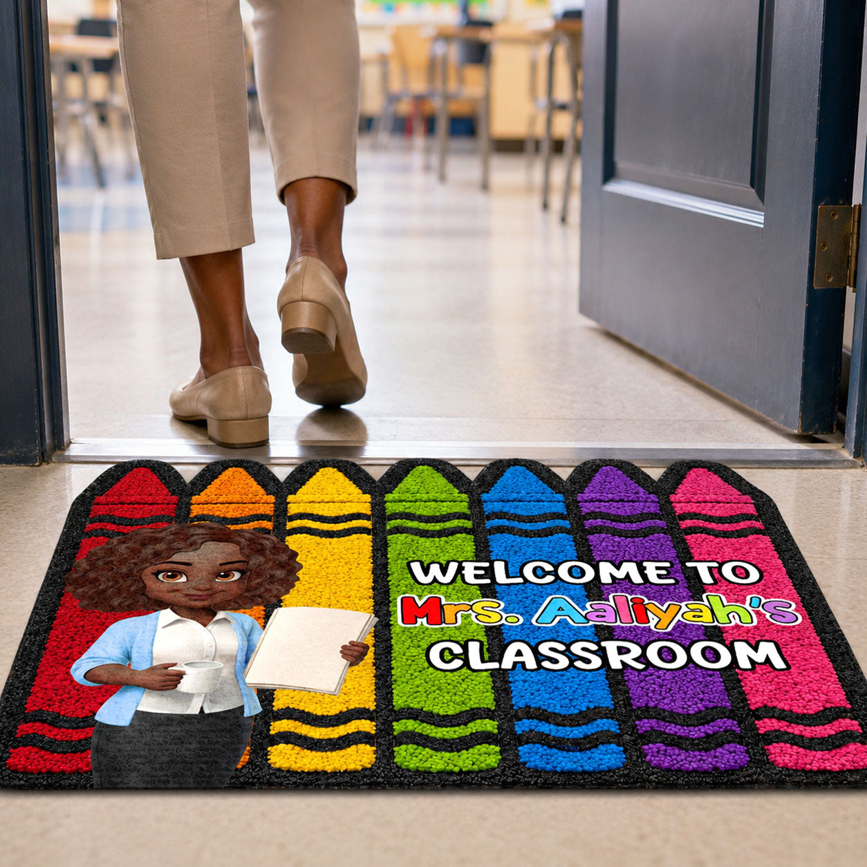 Colorful Crayons Teacher Welcome To Classroom - Personalized Custom Shape Doormat